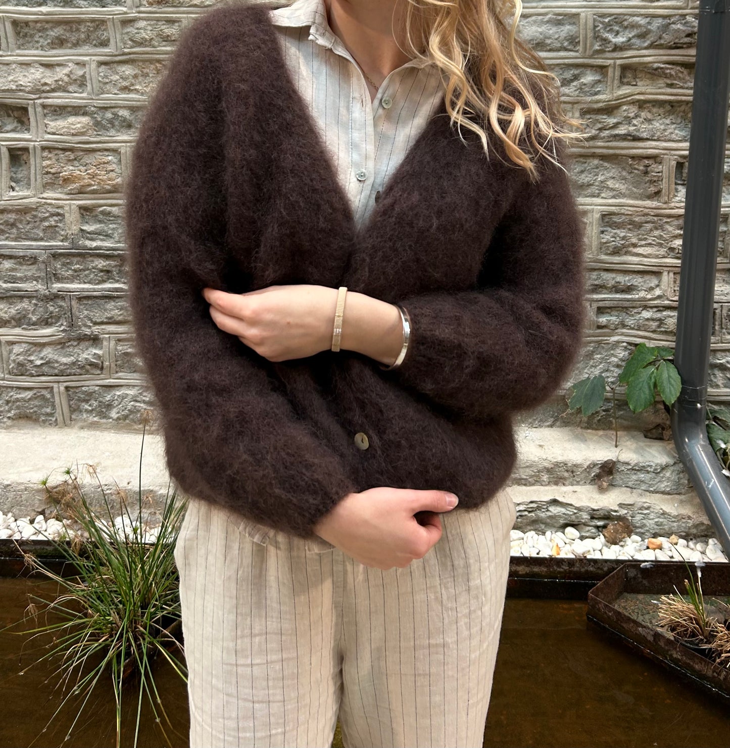 Brown kid mohair V-neck cardigan