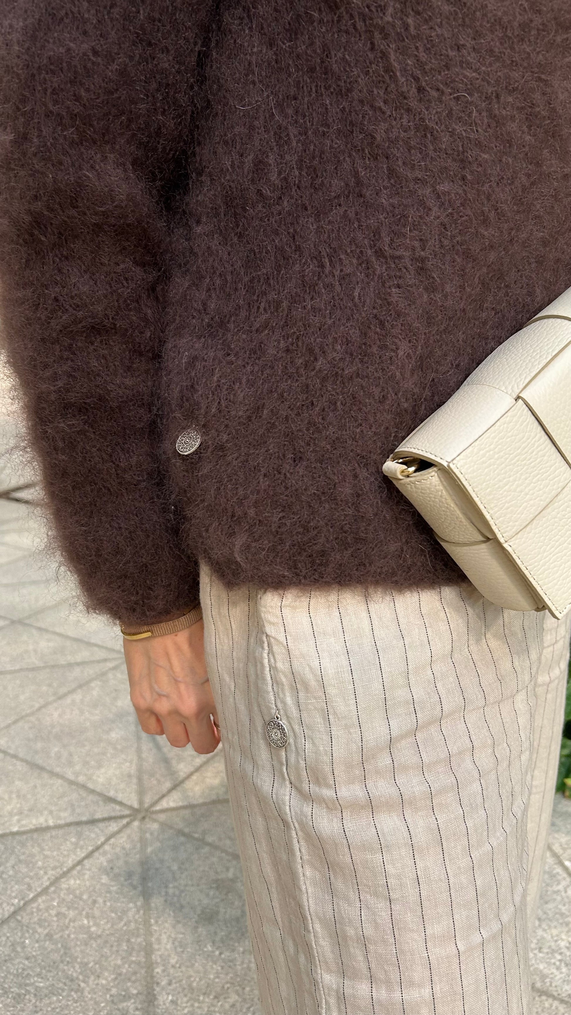 Woman's fluffy brown kid mohair cardigan detail shot